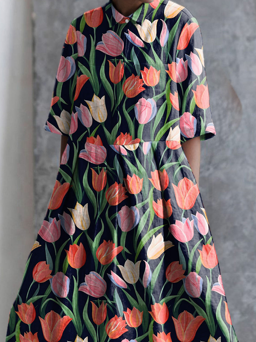 Tulip Floral Repeat Pattern Printed Women's Pocket Cotton Dress