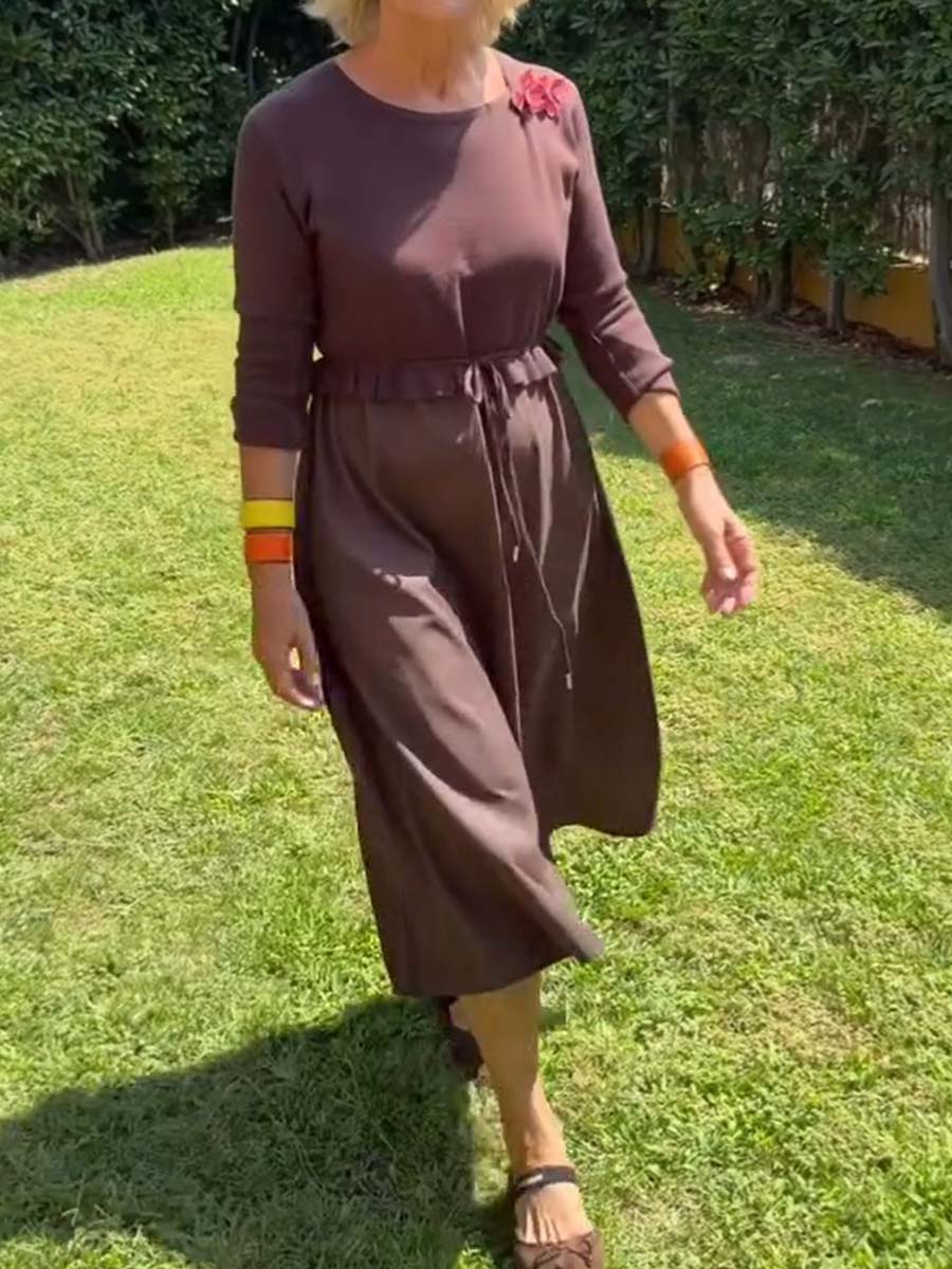 Women's Solid Color Round Neck 3/4 Sleeve Casual Loose Drawstring Knitted Splicing Dress