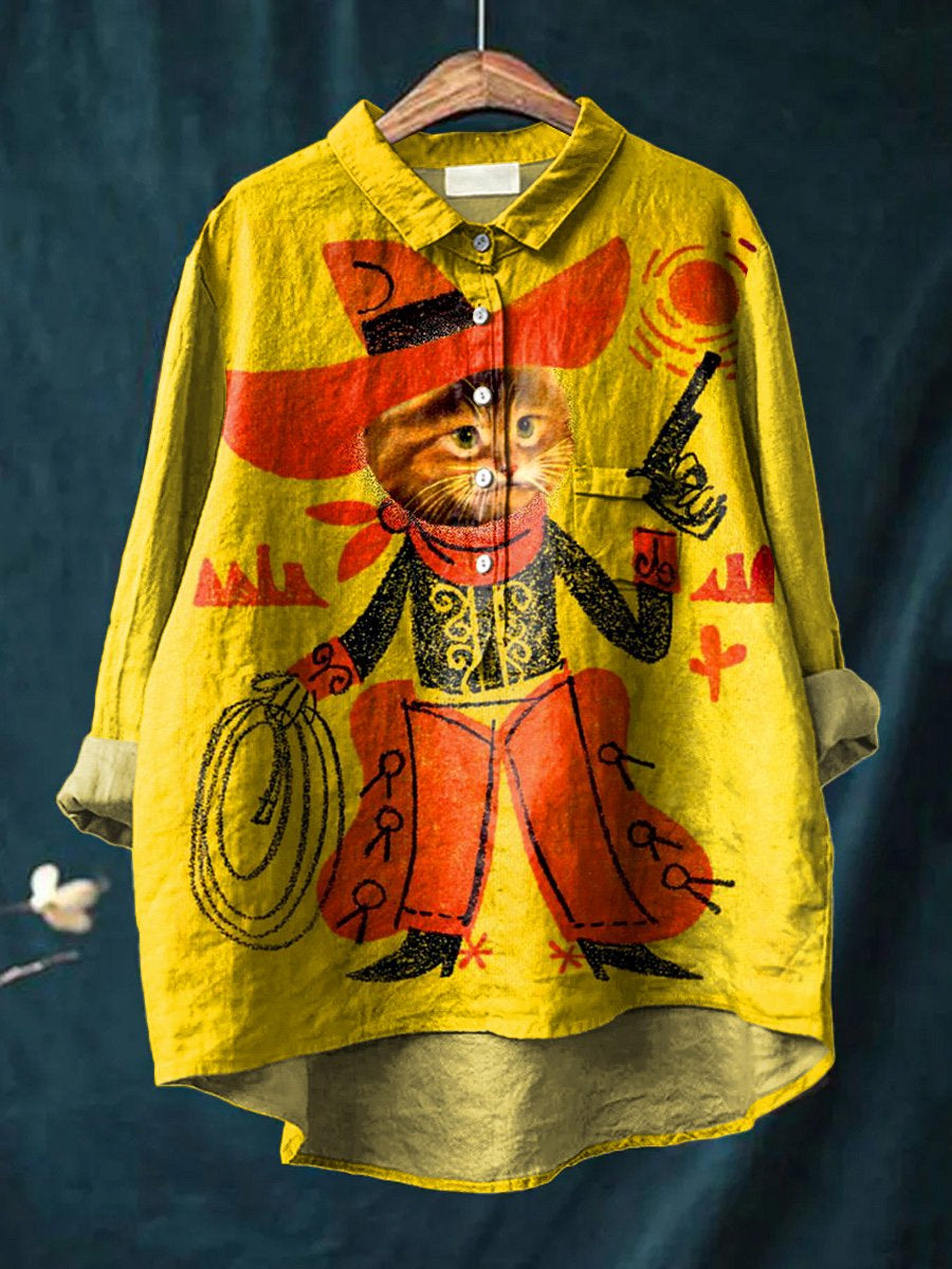 Funny Cowboy Cat Graphic Printed Women's Casual Cotton And Linen Shirt