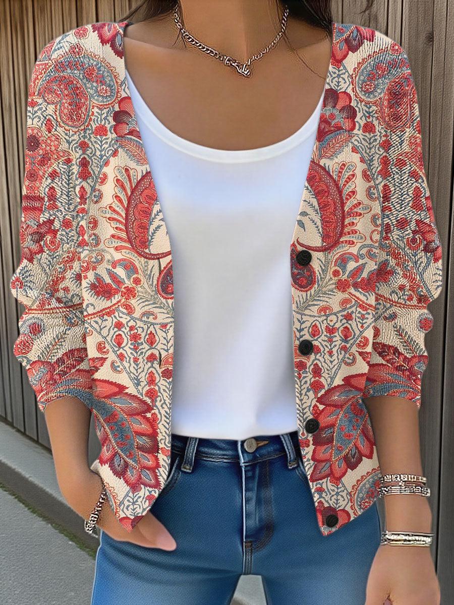 Vintage Flower  Art Print Buttoned V-neck Cardigan Sweater