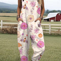 Women's Vintage Bee Floral Art Print Casual 100% Cotton Wide Leg Jumpsuit