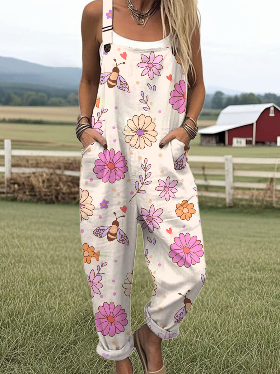 Women's Vintage Bee Floral Art Print Casual 100% Cotton Wide Leg Jumpsuit