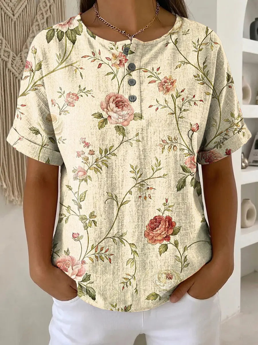 Women's Vintage Flower Pattern Printed Cotton Linen Top