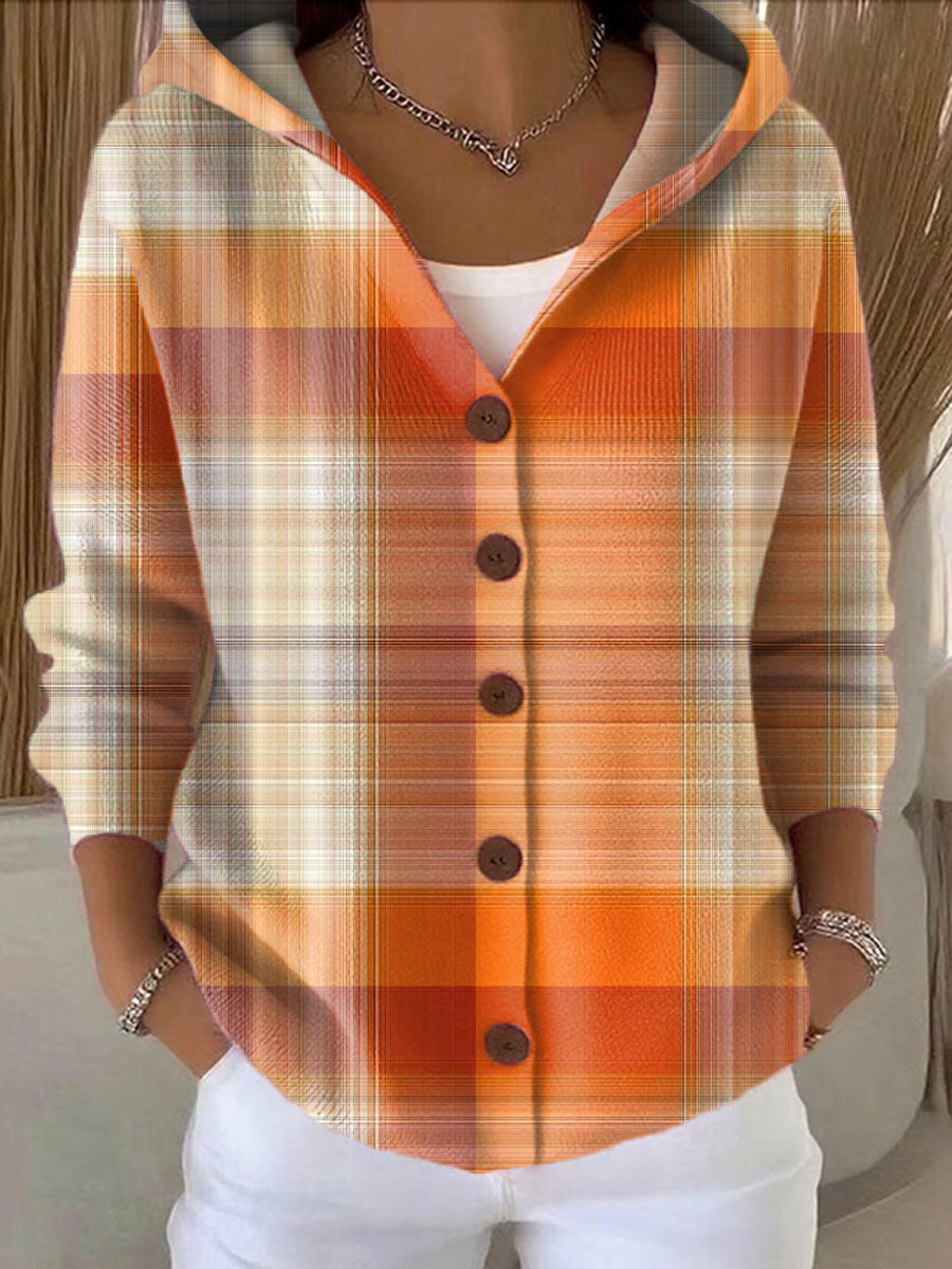 Women's  Vintage Abstract Geometric Art Printed Casual Hooded Button Sweater