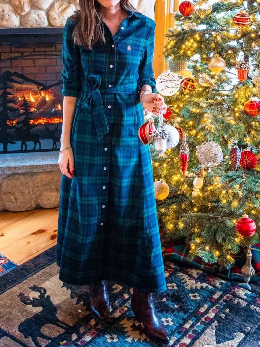 Women's Plaid Print Long Sleeve Casual Loose Cotton Dress