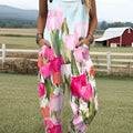 Women's  Vintage Flower Art Print Casual 100% Cotton Wide Leg Jumpsuit