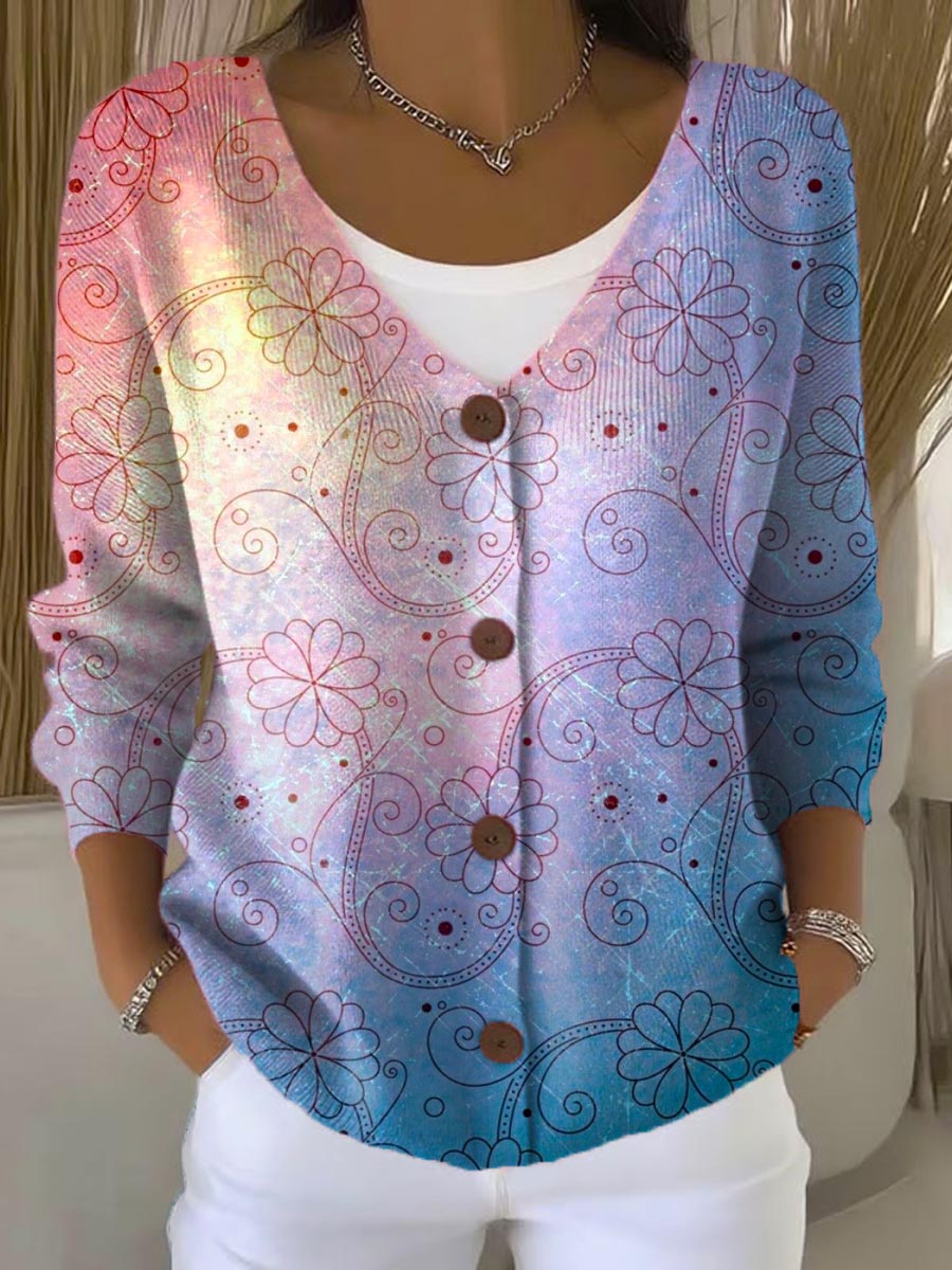 womens-gradient-floral-pattern-art-print-buttoned-v-neck-cardigan-sweater