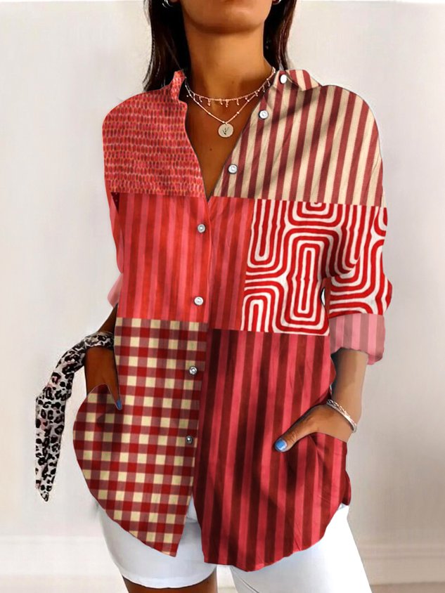 V Neck Long Sleeve Abstract Graphic Regular Micro-Elasticity Regular Fit Shirt For Women