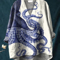 Women's Deep Sea Octopus Tentacles Retro Art Print Casual Cotton And Linen V-neck Shirt