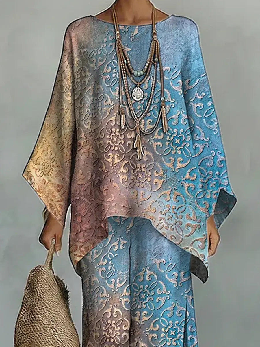 Women's Vintage Floral Art Comfortable Loose Cotton Linen Wide-leg Pants Two-piece Set