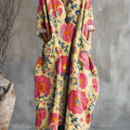 Women's Vintage Floral Art Pattern Print Pocket V-neck Cotton Dress