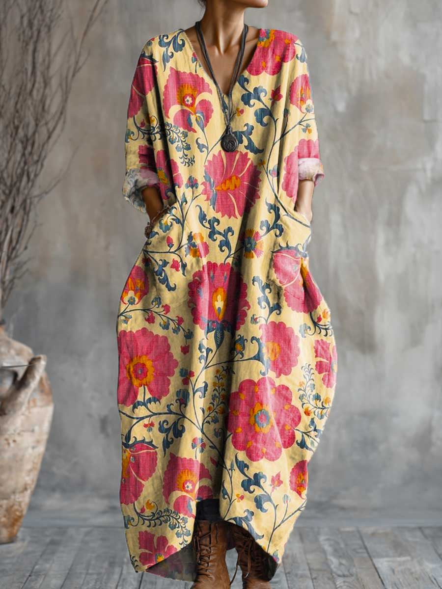 Women's Vintage Floral Art Pattern Print Pocket V-neck Cotton Dress