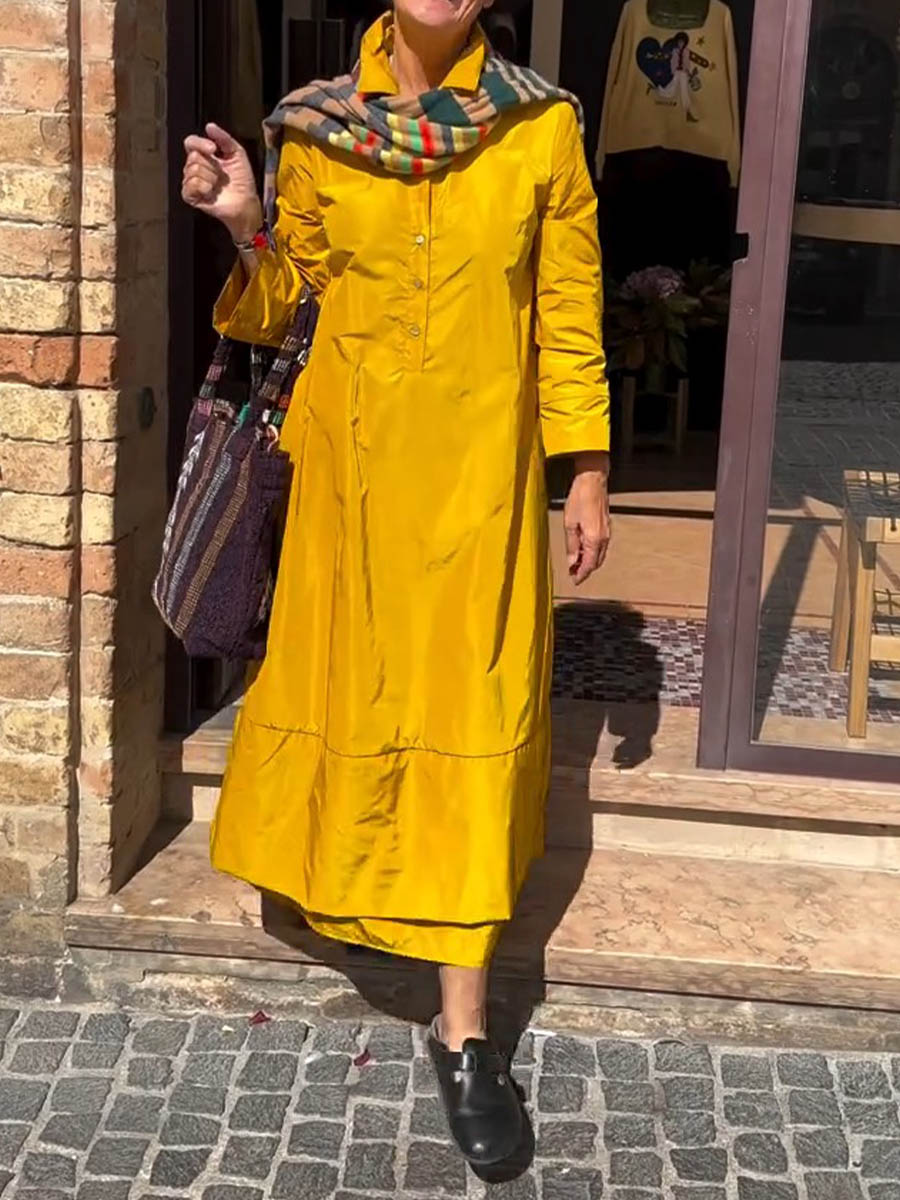 Women's Solid Color Shirt Collar Long Sleeve Casual Loose A-Line Cotton Dress