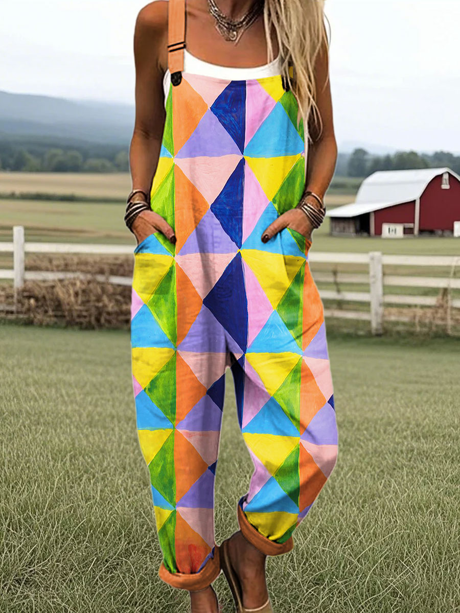 Women's Colorful Abstract Triangle Art Print Casual Cotton Pocket Jumpsuit