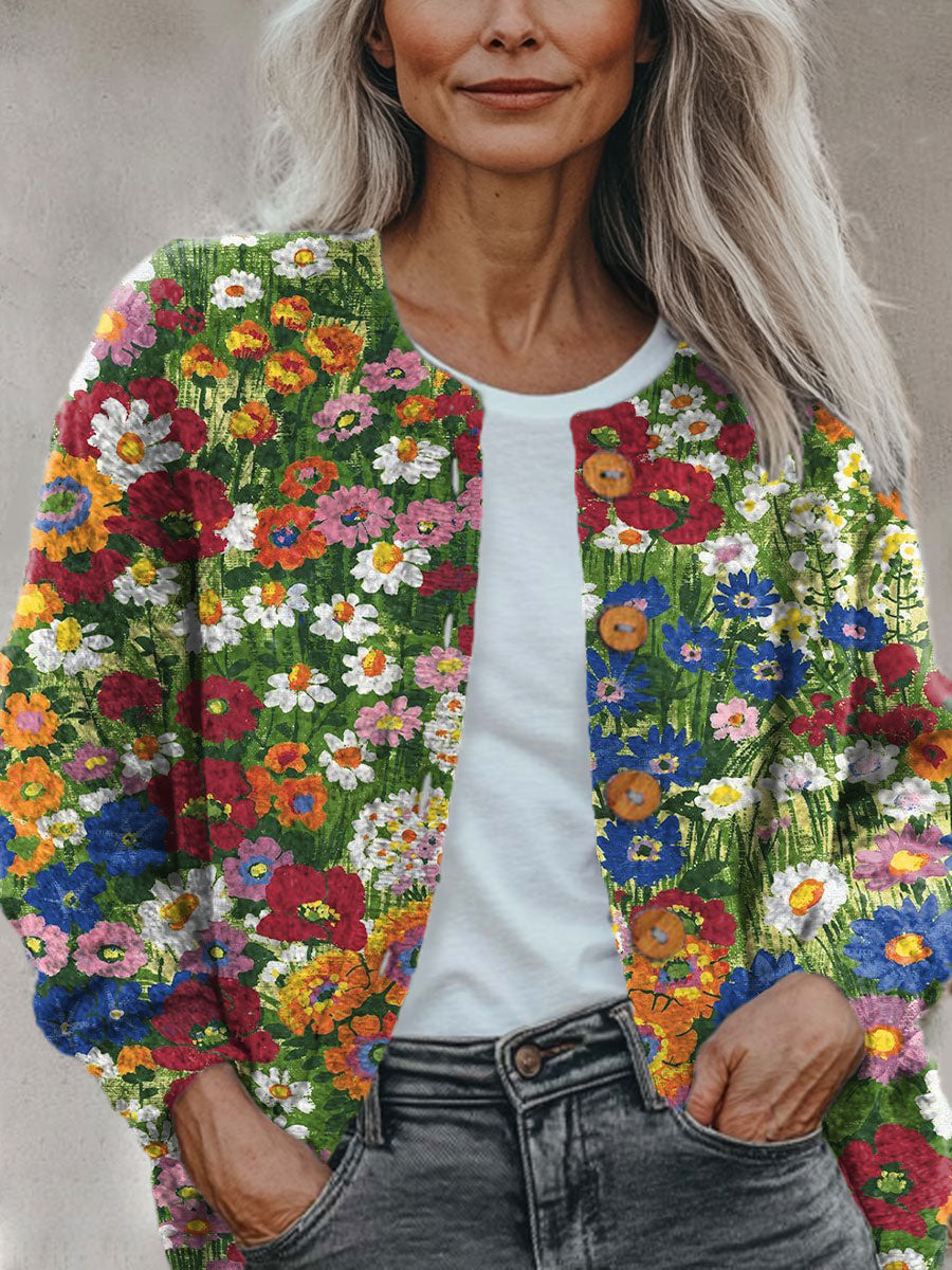 Simple Floral Multicolor Print Buttoned Cardigan Sweater