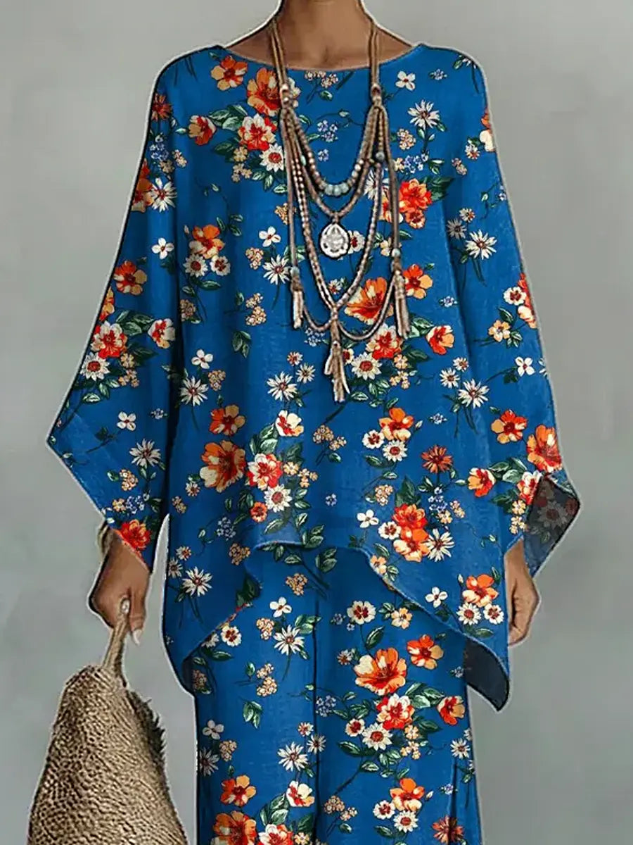 Women's Vintage Floral Art Comfortable Loose Cotton Linen Wide-leg Pants Two-piece Set