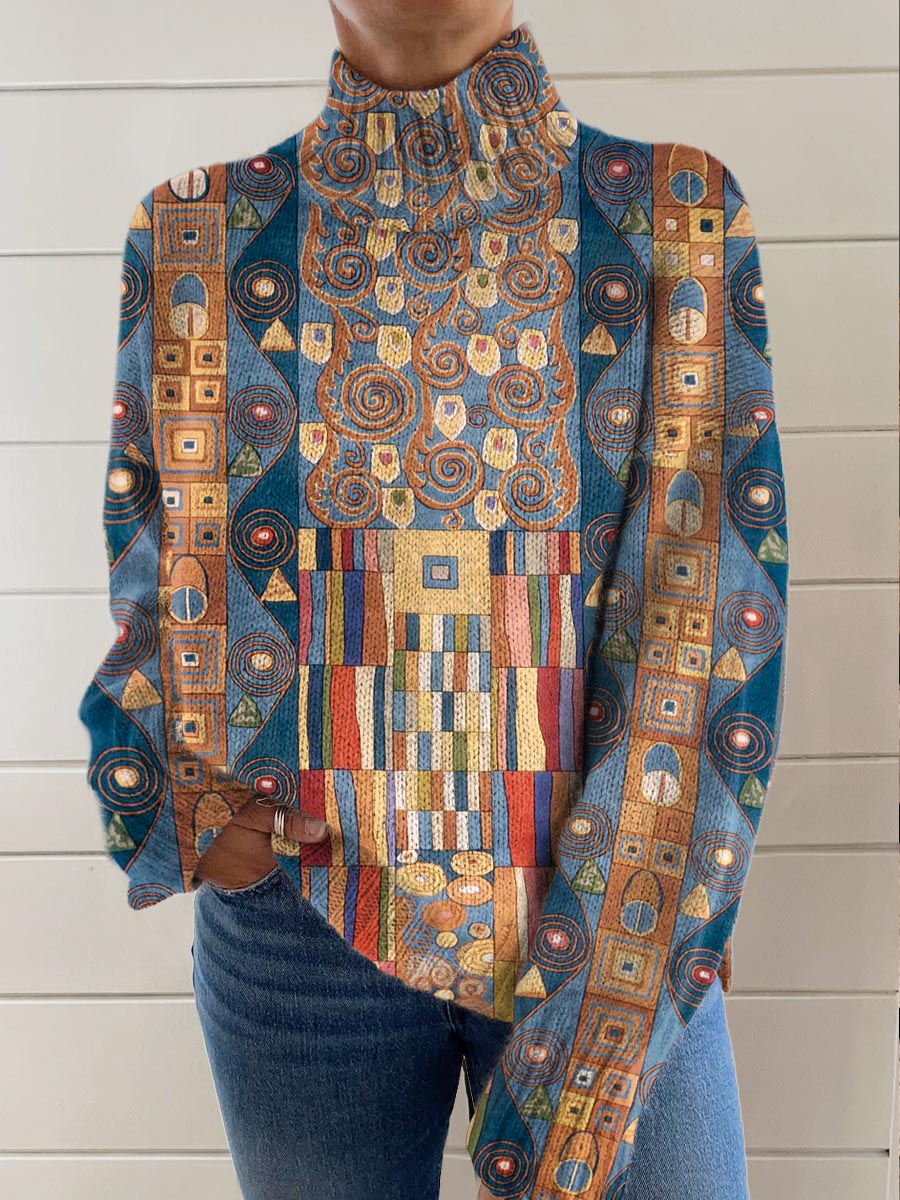 womens-geometric-pattern-art-print-knit-turtleneck-pullover-sweater