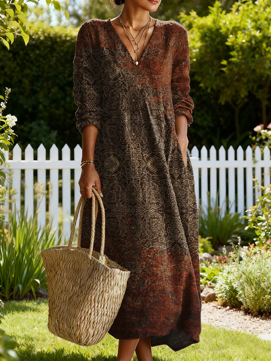 Women's Vintage Flower Art Print Linen Pocket Tunic Dress