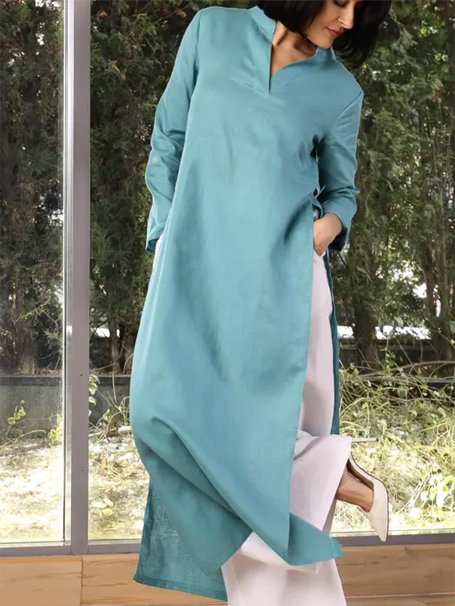 Women's Casual High Slit Cotton and Linen Dress