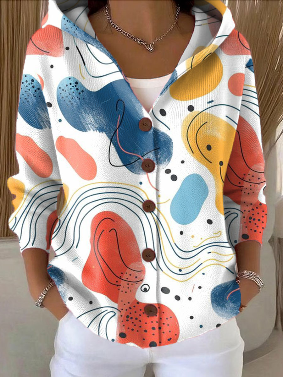 Women's  Vintage Abstract Geometric Art Printed Casual Hooded Button Sweater