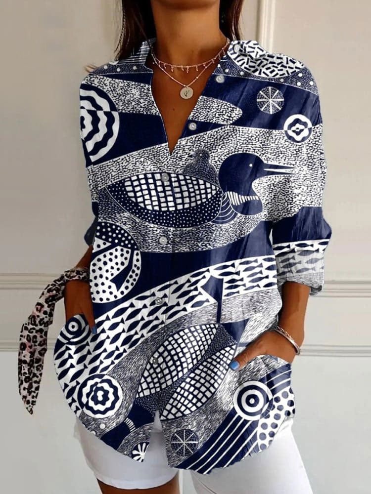 Women's  Japanese Duck  Art Print Casual Cotton Shirt