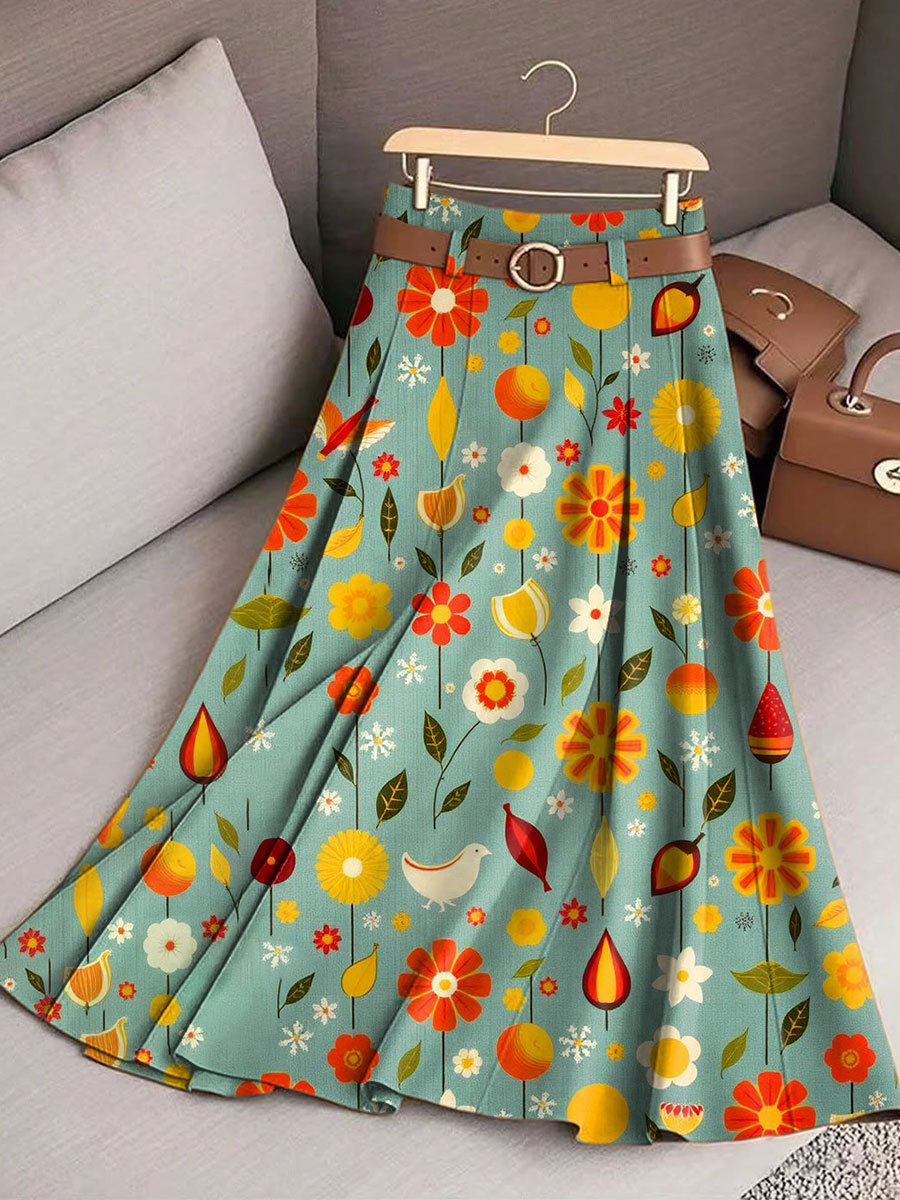 Women's Vintage Flower Art Print Cotton Skirt