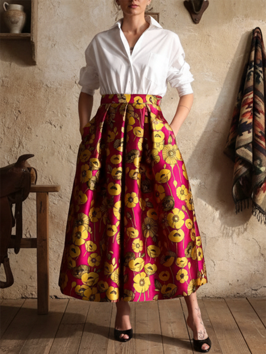 Women's Vintage Pleated Floral Print Skirt