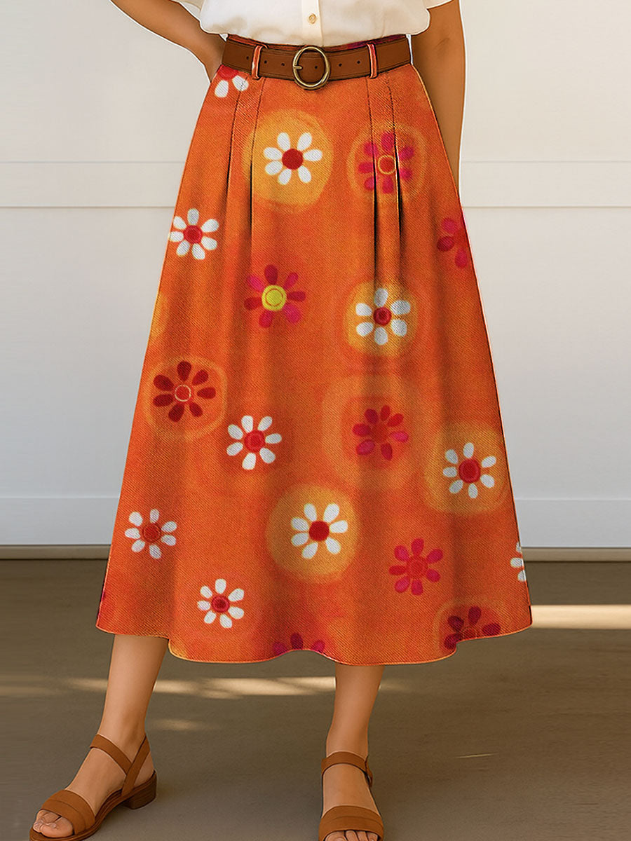 Women's Retro Flowers Floral Pattern Print High Waist Casual A-Line Skirt