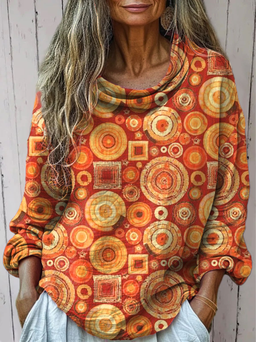 Women's  Vintage  Geometry Art Print Casual Long Sleeve Comfortable Cotton Shirt