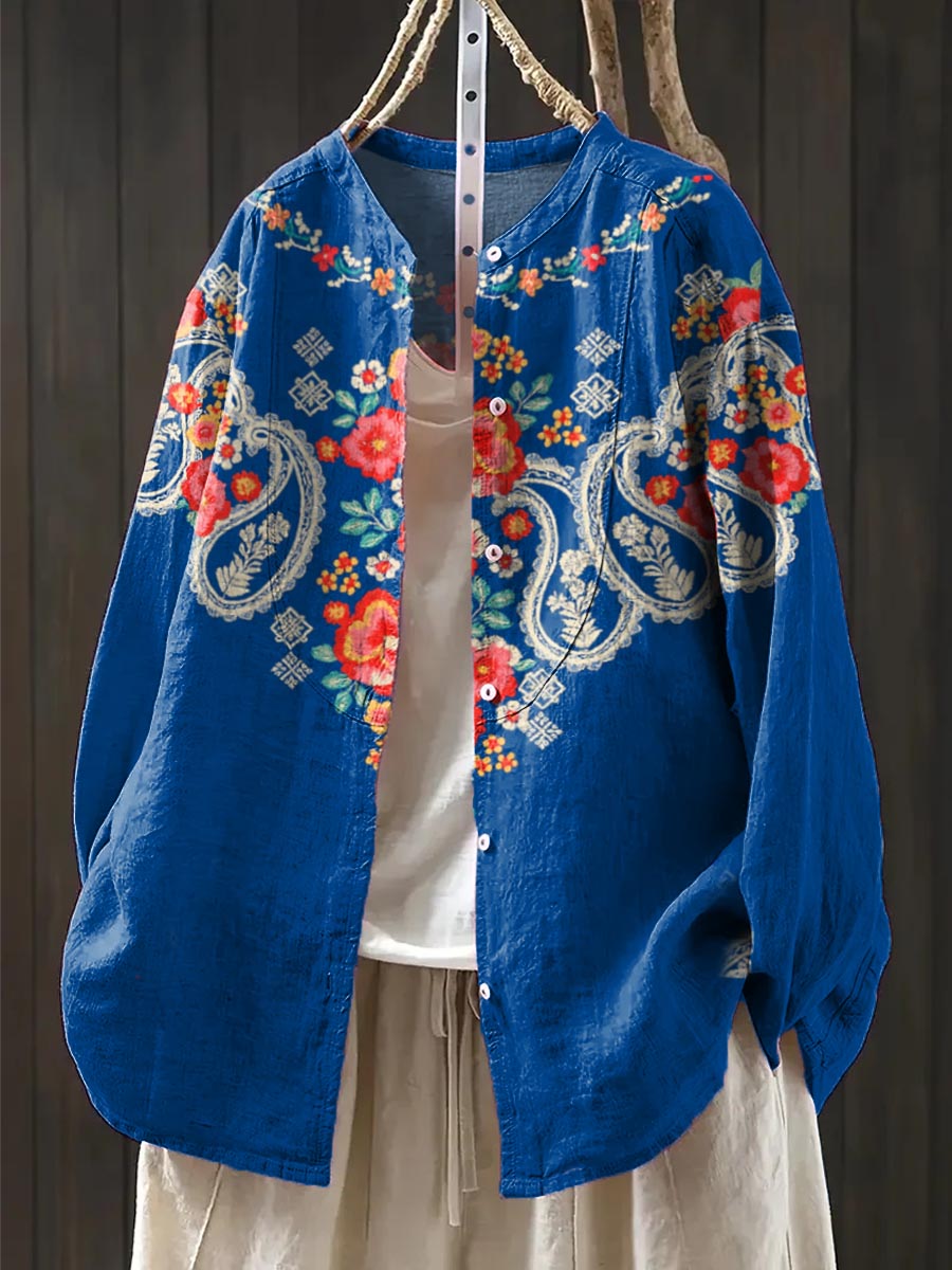 Women's Vintage Ethnic Pattern Art Print Casual Cotton And Linen Shirt