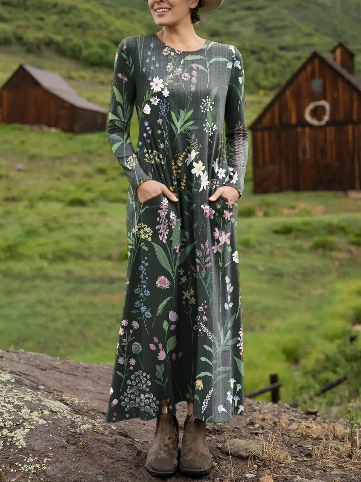 Women's Floral Art Print Casual Long-sleeved Dress