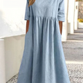 Lässiges, locker geschnittenes Kleid mit 5-Viertelärmeln aus einfarbiger Baumwolle und Leinen 