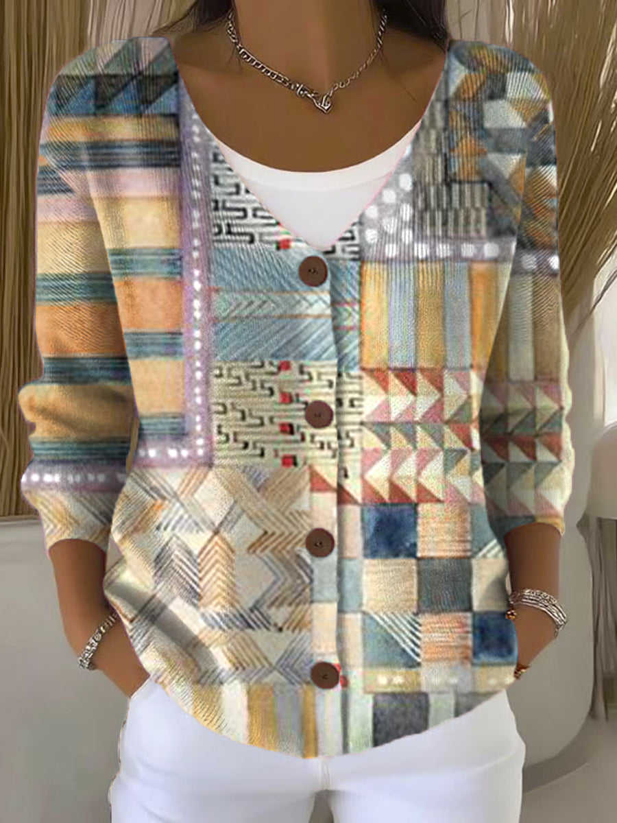 Vintage Geometry Art Print Buttoned V-neck Cardigan Sweater