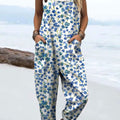 Women's Vintage Flower Art Print Casual 100% Cotton Wide Leg Jumpsuit