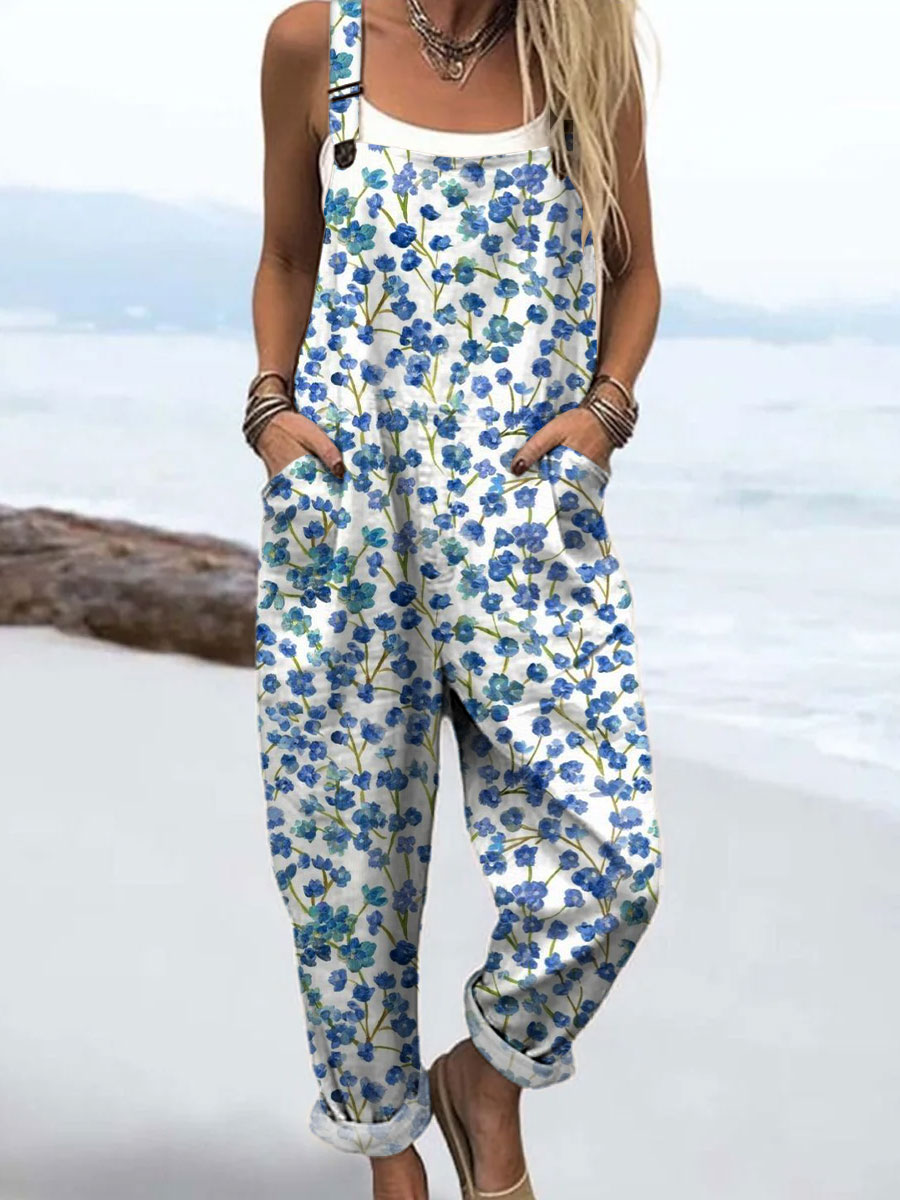 Women's Vintage Flower Art Print Casual 100% Cotton Wide Leg Jumpsuit