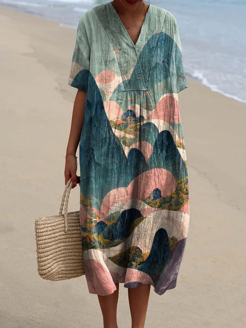Beautiful Clouds and Mountains Landscape Decorative Pattern Flowy Dress