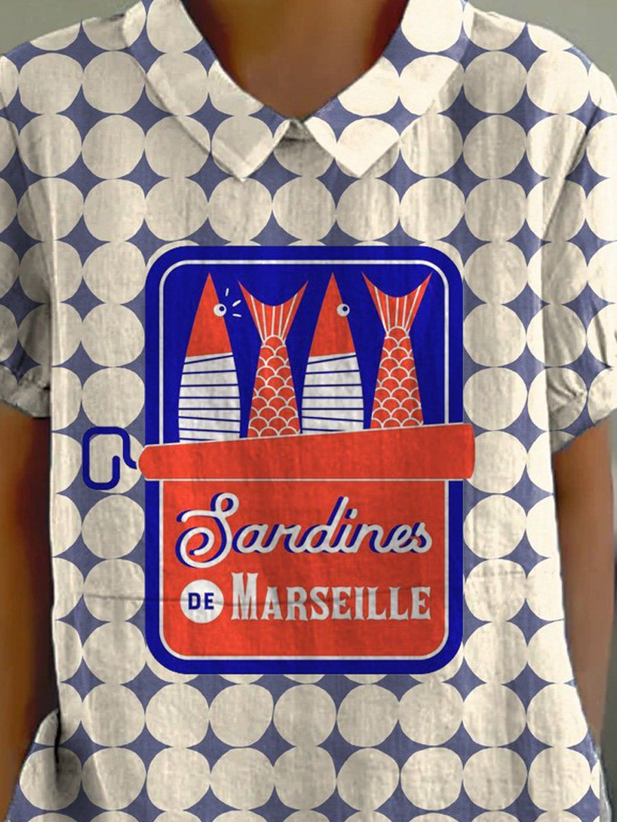 Can Sardine Fish Pattern Printed Women's Casual Cotton And Linen Shirt