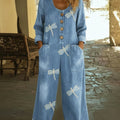 Casual Dragonfly Print Denim Jumpsuit