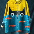 Women's Cat  Art Print Casual Cotton And Linen Shirt