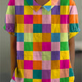 Rainbow Color Check Pattern Printed Women's Casual Cotton And Linen Shirt