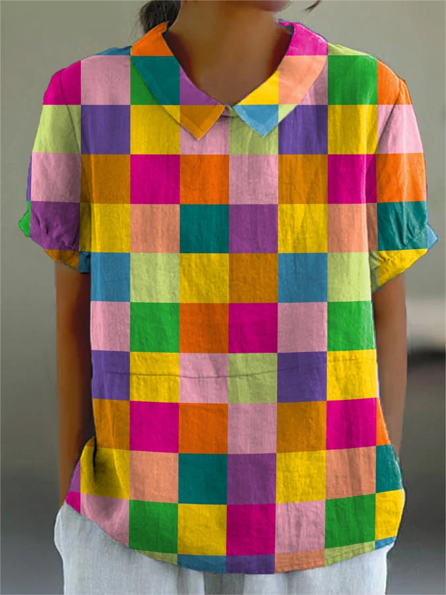 Rainbow Color Check Pattern Printed Women's Casual Cotton And Linen Shirt