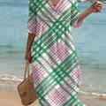 Bohemian-style Color-block Plaid Art Print Cotton-linen Dress