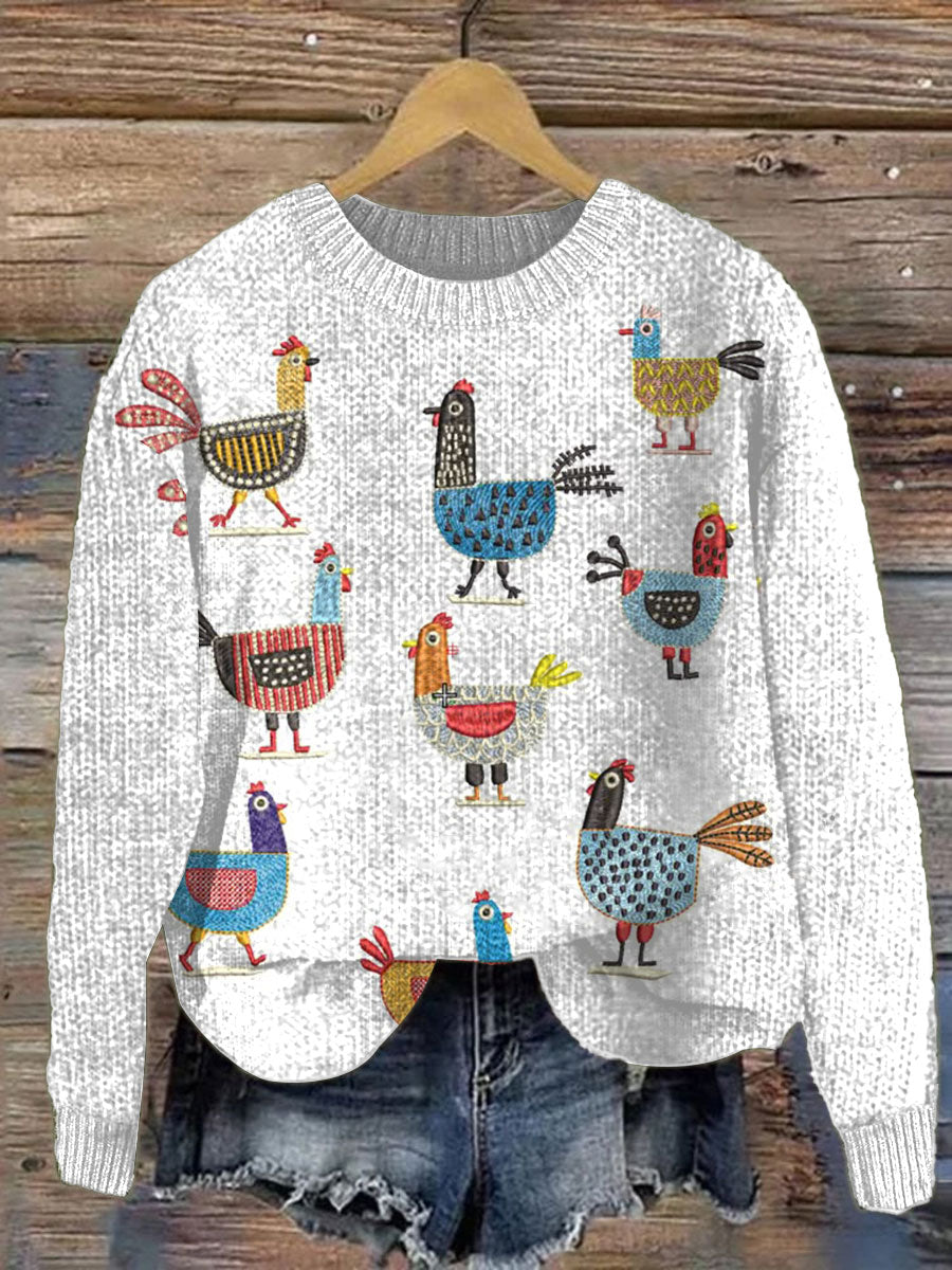 Vintage Chicken Art Print Knit Pullover Sweater
