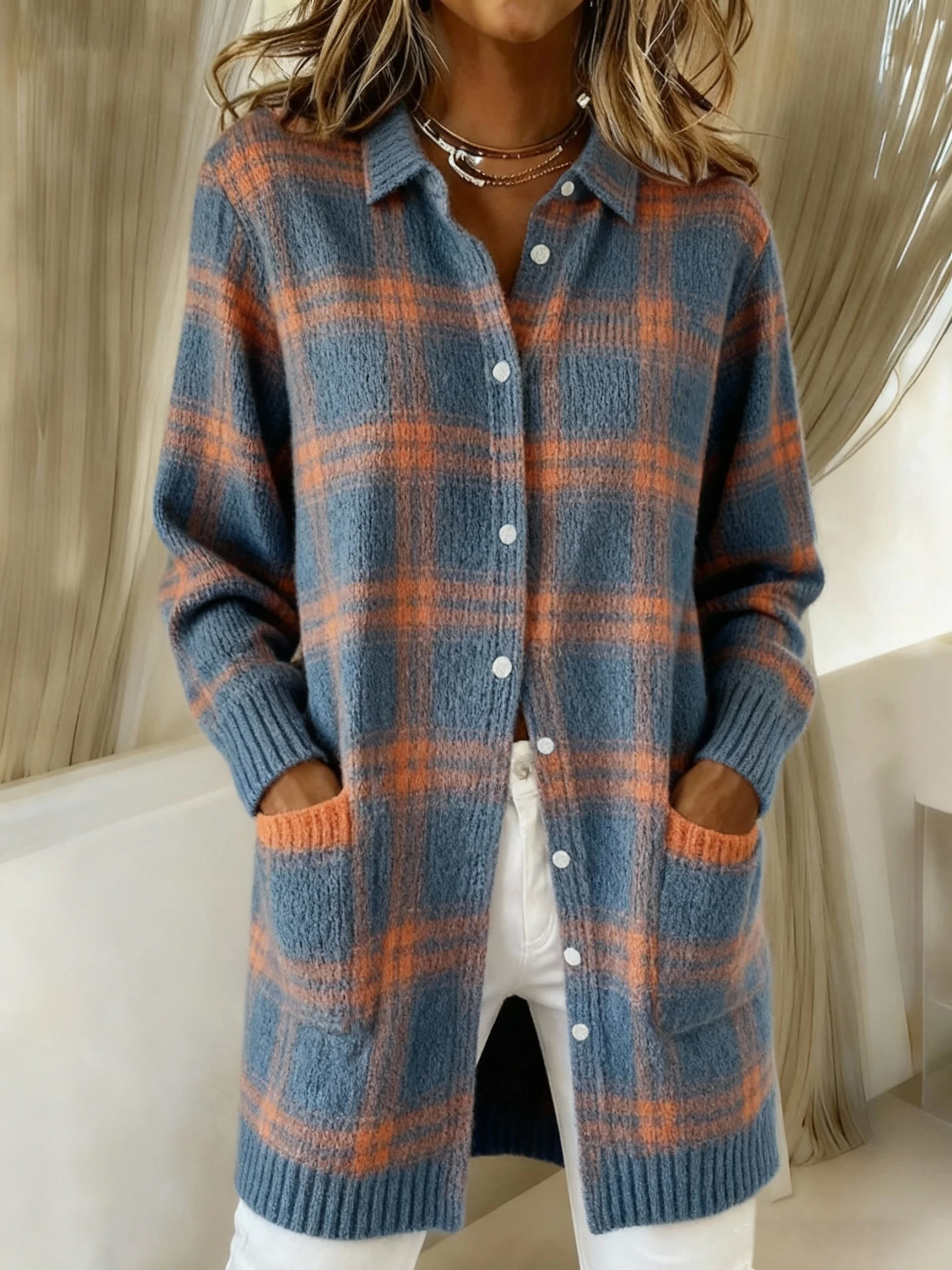 Women's Vintage Plaid Art Print Casual Long Sweater