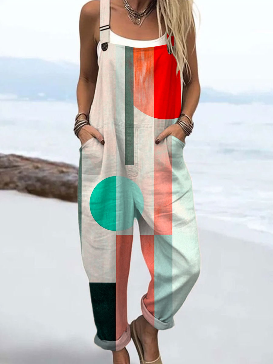 Women's Vintage Abstract Geometric Art Print Casual 100% Cotton Wide Leg Jumpsuit