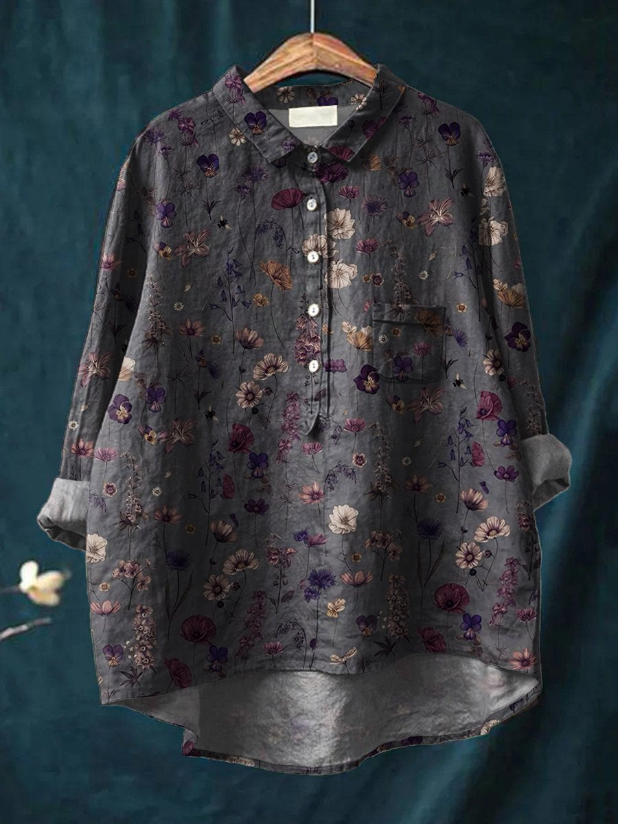 Women's Floral Art Print Casual Cotton And Linen Shirt