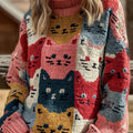 Women's Colorful Cat Embroidered Art Cozy Knitted Turtleneck Sweater