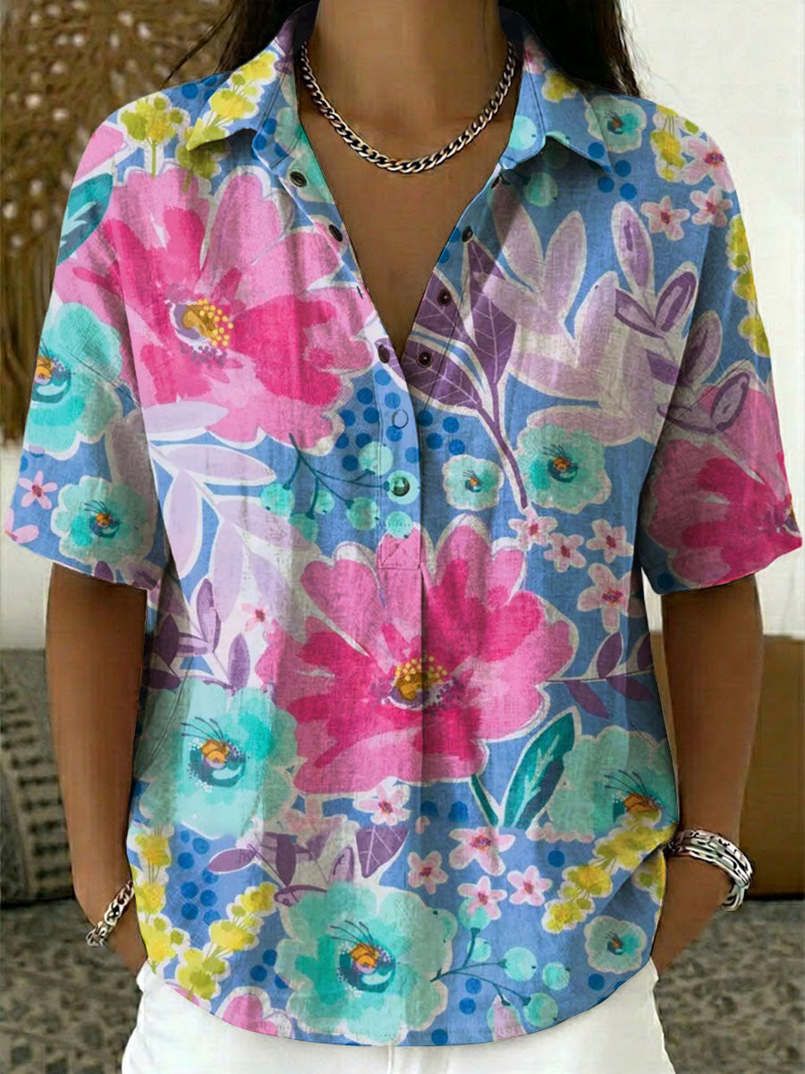 Women's Floral Print Casual Cotton-linen Shirt