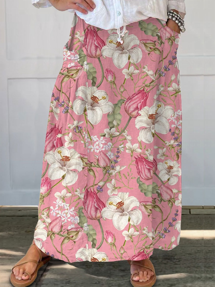 Women's Vintage Floral Art Print   Linen Pocket Skirt
