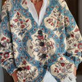 Vintage-Strickjacke mit V-Ausschnitt und Knöpfen im Ethno-Stil mit Diamant-Karo-Blumenmuster 